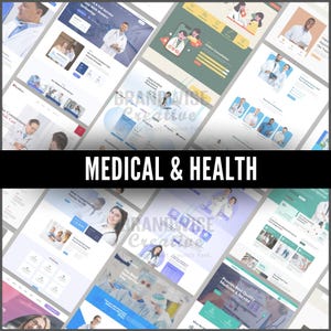 Puede incluir: Una colecci&oacute;n de maquetas de sitios web con un tema m&eacute;dico y de salud. Los dise&ntilde;os presentan m&eacute;dicos, personal m&eacute;dico y gr&aacute;ficos de consulta en l&iacute;nea. El texto incluye "Medical & Health", "Safe Care" y "Provide Best Quality Medicine & Service".