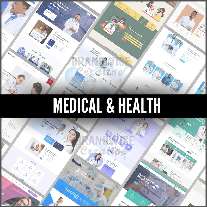 Puede incluir: Una colecci&oacute;n de maquetas de sitios web con un tema m&eacute;dico y de salud. Los dise&ntilde;os presentan m&eacute;dicos, personal m&eacute;dico y gr&aacute;ficos de consulta en l&iacute;nea. El texto incluye "Medical & Health", "Safe Care" y "Provide Best Quality Medicine & Service".