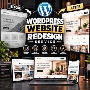 May include: A WordPress website redesign service advertisement featuring a before and after comparison of a website layout. The graphic includes the WordPress logo, text labels, and icons for modern design, responsive, custom, SEO, and fast delivery.