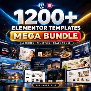 Könnte beinhalten: Eine digitale Grafik mit dem Text 1200+ ELEMENTOR TEMPLATES MEGA BUNDLE, ALL NICHES ALL STYLES READY TO USE und 14+ INDUSTRIES. Das Bild zeigt mehrere Website-Layout-Vorschauen mit verschiedenen Themen und Fotografien.