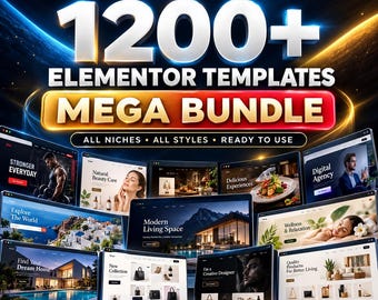 以下が含まれることがあります： 1200+ ELEMENTOR TEMPLATES MEGA BUNDLE、ALL NICHES ALL STYLES READY TO USE、14+ INDUSTRIESというテキストが記載されたデジタルグラフィック。画像には、さまざまなテーマや写真を使用した複数のウェブサイトレイアウトのプレビューが表示されています。