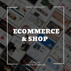 Puede incluir: Imagen con el texto "ECOMMERCE & SHOP" en blanco y negrita, superpuesto sobre un fondo de varias maquetas de sitios web. La frase "WHAT'S INCLUDED" est&aacute; en la parte superior. La URL de la tienda Etsy est&aacute; en la parte inferior.