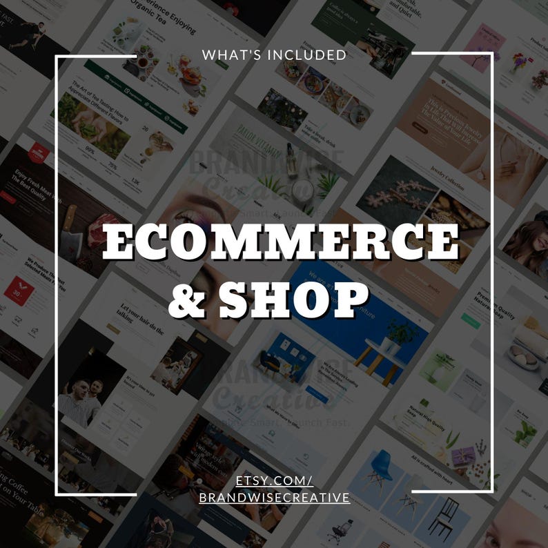 Puede incluir: Imagen con el texto "ECOMMERCE & SHOP" en blanco y negrita, superpuesto sobre un fondo de varias maquetas de sitios web. La frase "WHAT'S INCLUDED" est&aacute; en la parte superior. La URL de la tienda Etsy est&aacute; en la parte inferior.