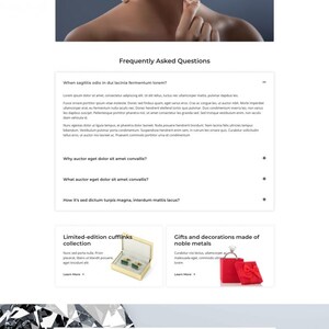 Puede incluir: P&aacute;gina de inicio de un sitio web con una mujer que lleva pendientes de perlas, el texto "FAQ" y "Preguntas frecuentes". Debajo, secciones para gemelos y regalos, y un pie de p&aacute;gina con categor&iacute;as de productos.