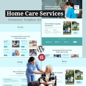 Puede incluir: Un kit de plantilla de sitio web para servicios de atención domiciliaria. El diseño presenta un esquema de color azul claro con imágenes de atención a personas mayores y apoyo médico. El texto incluye "Home Care Services".