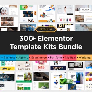 Peut inclure: Ensemble de kits de modèles de sites web Elementor pour différents types d'entreprises, notamment les entreprises, les agences et le commerce électronique. L'image présente un fond noir avec le texte "300+ Elementor Template Kits Bundle".