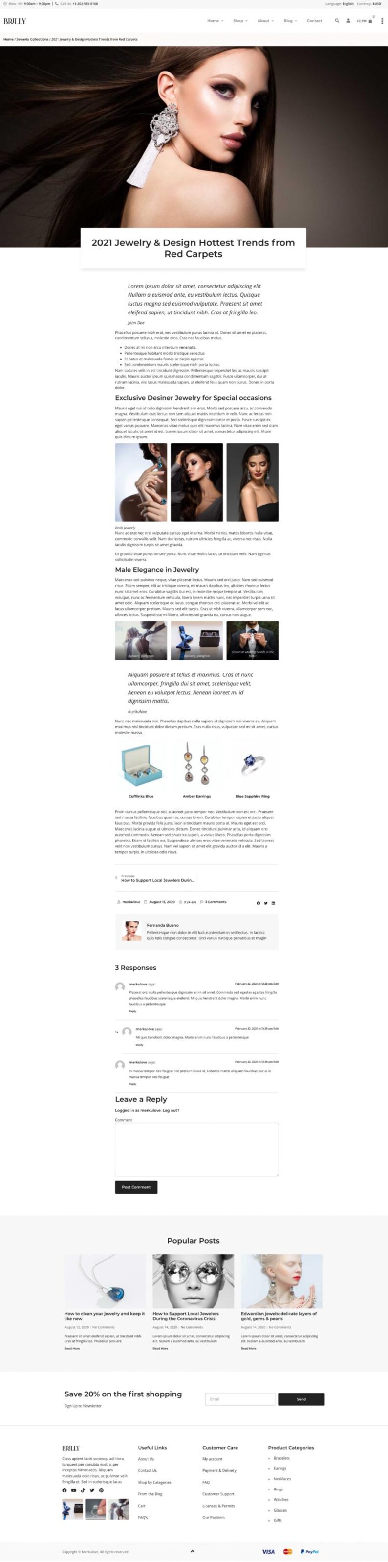 Puede incluir: P&aacute;gina web con tendencias de joyer&iacute;a. La p&aacute;gina incluye im&aacute;genes de pendientes, anillos y collares. El texto dice "2021 Jewelry & Design Hottest Trends from Red Carpets" y "Exclusive Desiner Jewelry for Special occasions."