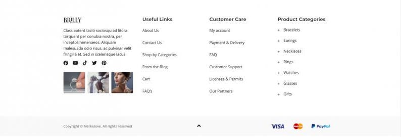 Puede incluir: Pie de p&aacute;gina blanco de sitio web con la marca "BRILLY" y una breve descripci&oacute;n. Incluye enlaces para "Enlaces &uacute;tiles", "Atenci&oacute;n al cliente" y "Categor&iacute;as de productos" como pulseras, pendientes, collares, anillos, relojes, gafas y regalos. Se muestran opciones de pago.