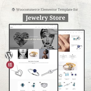 Op de afbeelding: Een website sjabloon voor een juwelierszaak, met diverse sieraden. Het ontwerp bevat afbeeldingen van ringen, horloges en kettingen. De tekst bevat "Exclusive Collections" en "Spark of the stones."