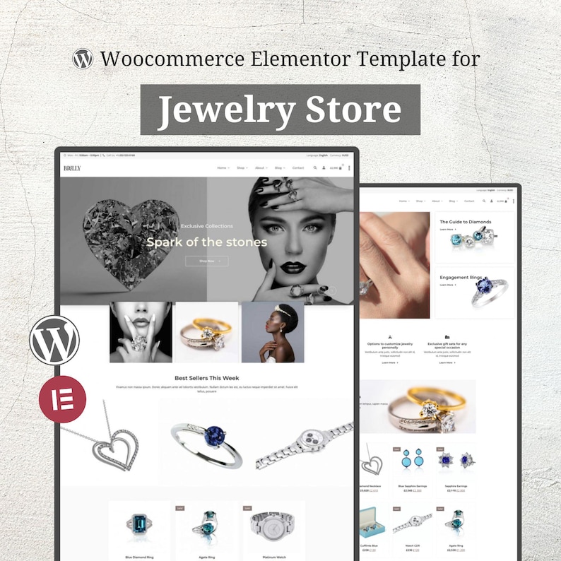 Puede incluir: Una plantilla de sitio web para una joyer&iacute;a, que muestra varios art&iacute;culos de joyer&iacute;a. El dise&ntilde;o incluye im&aacute;genes de anillos, relojes y collares. El texto incluye "Exclusive Collections" y "Spark of the stones."
