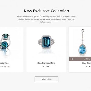 Puede incluir: Una p&aacute;gina web que muestra una nueva colecci&oacute;n exclusiva de joyas. La imagen presenta tres art&iacute;culos: un anillo de &aacute;gata, un anillo de diamantes azules y pendientes de diamantes azules. El texto incluye el t&iacute;tulo "New Exclusive Collection".
