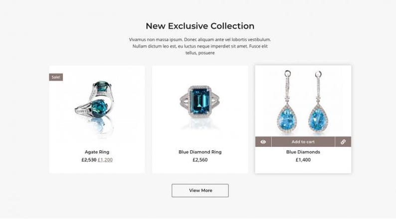 Puede incluir: Una p&aacute;gina web que muestra una nueva colecci&oacute;n exclusiva de joyas. La imagen presenta tres art&iacute;culos: un anillo de &aacute;gata, un anillo de diamantes azules y pendientes de diamantes azules. El texto incluye el t&iacute;tulo "New Exclusive Collection".