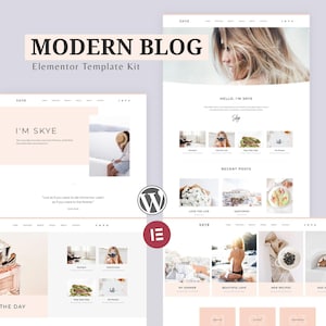 Puede incluir: Una maqueta digital de un kit de plantillas de sitios web. El diseño presenta una estética limpia y moderna con una paleta de colores claros. El texto "MODERN BLOG" y "Elementor Template Kit" se muestran en la parte superior. El sitio web se llama "SKYE".