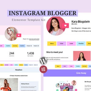 Puede incluir: Un kit de plantillas digitales para bloggers de Instagram, con un encabezado morado claro que dice "INSTAGRAM BLOGGER". El diseño incluye maquetas de sitios web con imágenes, texto y botones de llamada a la acción. También es visible el logotipo de Elementor Template Kit.