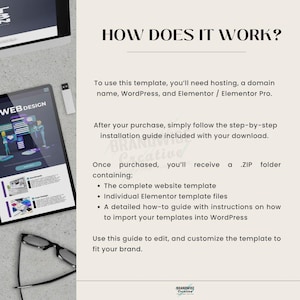 May include: A digital design template with the text "HOW DOES IT WORK?" and "WEB DESIGN". The image includes a tablet and a computer screen displaying website design examples, along with a USB drive and eyeglasses.