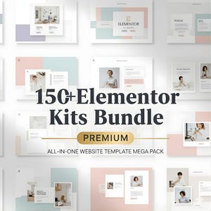 Puede incluir: Imagen promocional de plantillas de sitios web. El diseño presenta una estética limpia con colores pastel, incluyendo rosa, azul y blanco. El texto en la imagen dice "150+ Elementor Kits Bundle" y "Premium".
