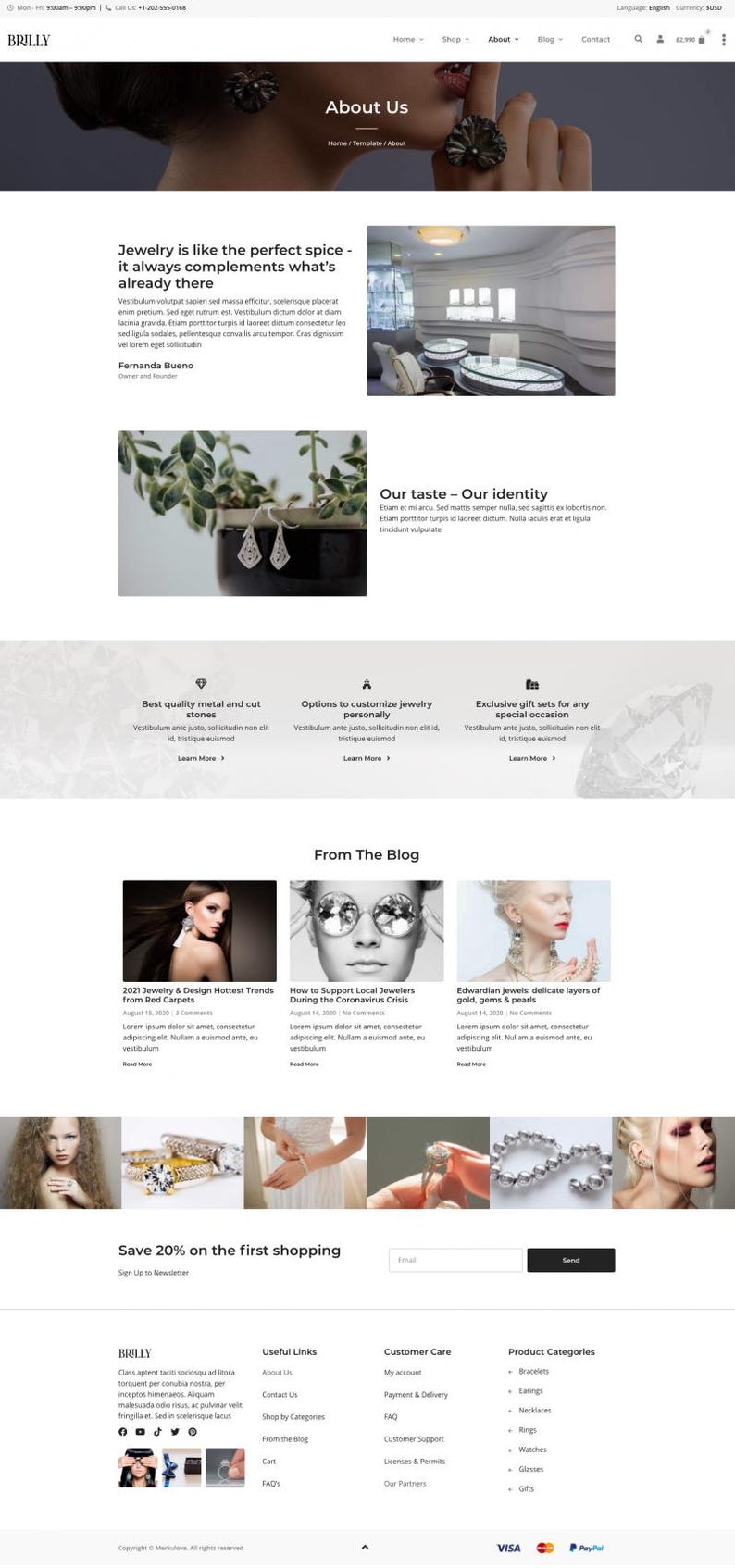 Puede incluir: P&aacute;gina de inicio del sitio web de joyer&iacute;a Brilly, con im&aacute;genes de joyas, publicaciones de blog y ofertas promocionales. La p&aacute;gina incluye secciones sobre calidad, personalizaci&oacute;n y conjuntos de regalo, con un registro para un bolet&iacute;n.