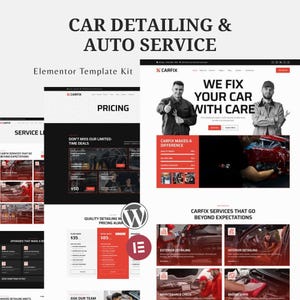 May include: A digital marketing image for car detailing and auto service. The image includes website mockups with the text "CAR DETAILING & AUTO SERVICE", "PRICING", and "WE FIX YOUR CAR WITH CARE". The image also includes the logos for Carfix, WordPress, and Elementor.