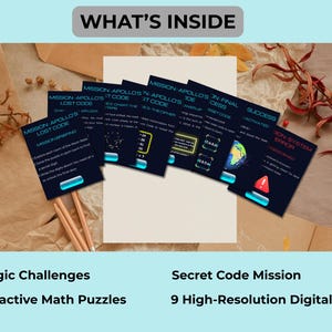 May include: Image of interactive math puzzles and logic challenges. Several dark blue cards with text and graphics, including "Mission Apollo's" and "Lost Code", are displayed. The cards are arranged on a textured surface with dried leaves and pencils. The text "What's Inside" is at the top.