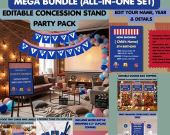 Megapack de decoraciones para fiesta de cumpleaños con noche de cine, imprimibles editables para puesto de comida, pancarta de bienvenida de película, paquete de mesa de palomitas de maíz en Canva