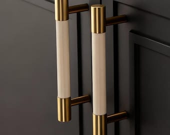 Brass&Leather Closet Pull: White Leather Handles, Kitchen Cupboard Pulls