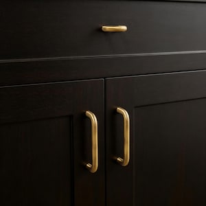 May include: Close-up of a dark brown cabinet with brass hardware. The cabinet has two doors with curved brass handles and a drawer with a smaller brass handle. The wood grain is visible.