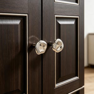 Könnte beinhalten: Nahaufnahme eines dunkelbraunen Holzschranks mit zwei silbernen, organisch geformten Knöpfen. Die Schranktüren haben eingelassene Paneele und silberne Zierleisten. Die Knöpfe sind der Blickfang und verleihen dem Möbelstück eine elegante Note.