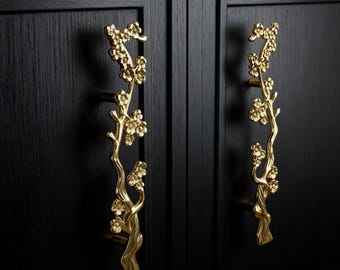 Plum Blossom Cabinet Pull, Gold Brass Pulls, Elegant Closet Knobs