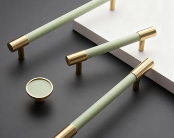 Brass Leather Drawer  Pull, Dresser Decor Knob, Mint Green Cupboard Pull