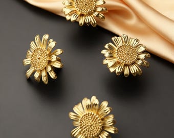 Gold Sunflower Knob, Brass Drawer Knobs, Flower Dresser Handles