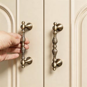 May include: Antique brass cabinet handles with a decorative leaf design. The handles are mounted on a cream-coloured cabinet door. One handle is being held by a hand. The handles have a vintage aesthetic.