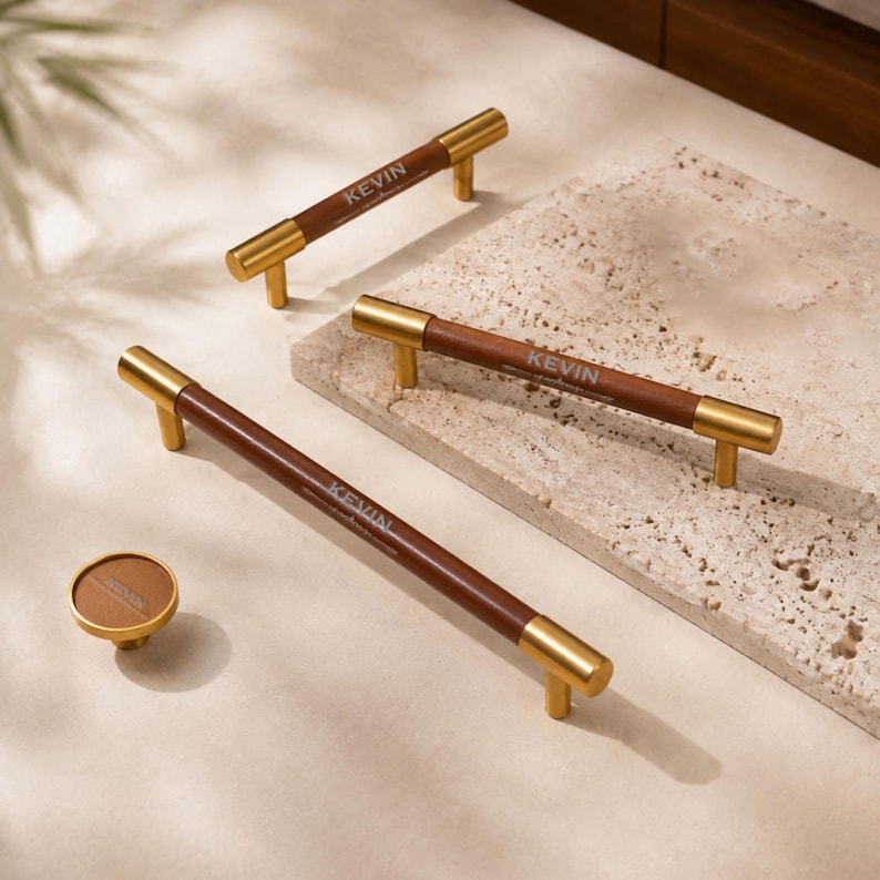 May include: Three cabinet pulls and one round cabinet knob featuring a dark brown cylindrical centre with gold-toned metal ends and mounts. Each piece is engraved with the name KEVIN in a clean, sans-serif font on the brown surface.