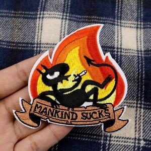 Embroidered Patch, Fiery Demon, "Mankind Sucks" Slogan, Iron On Badge