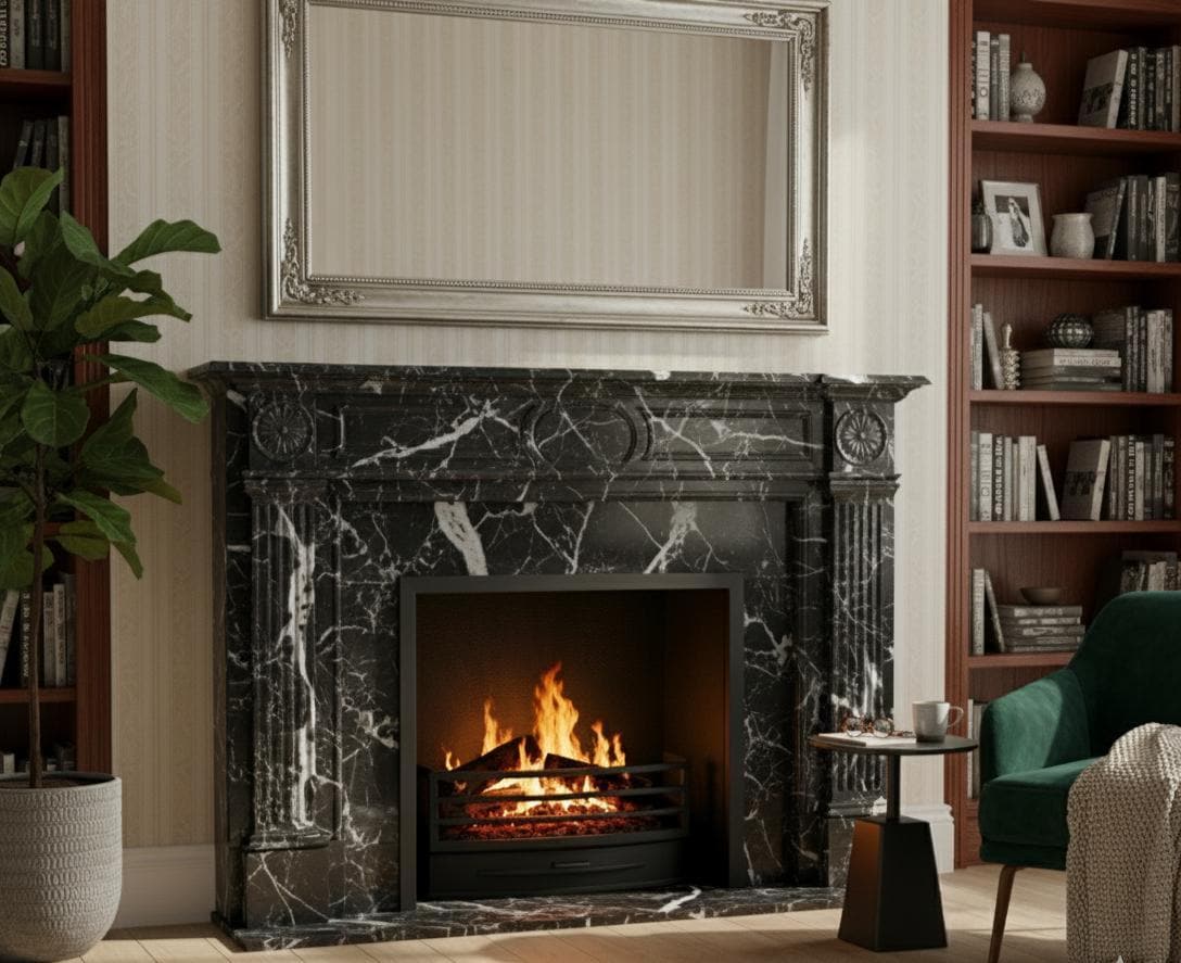 Black Marble Fireplace Mantel with Wh...