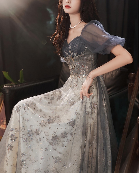 Navy Blue Embroidered Sequin Prom Dress,puff Sleeve Fairy Dress,wedding  Dress,evening Prom Dress,homecoming Dress,princess Dress,gown Dress - Etsy  Israel