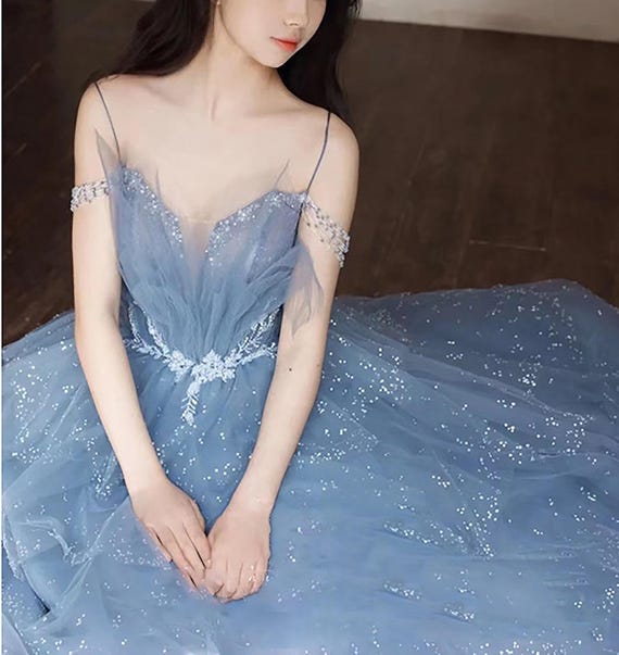 Blue Glitter Embroidered Tulle Slip Dress,gown Dress,graduation Ball Dress,evening  Prom Dress,wedding Dress,princess Dress,women Dress,gifts - Etsy