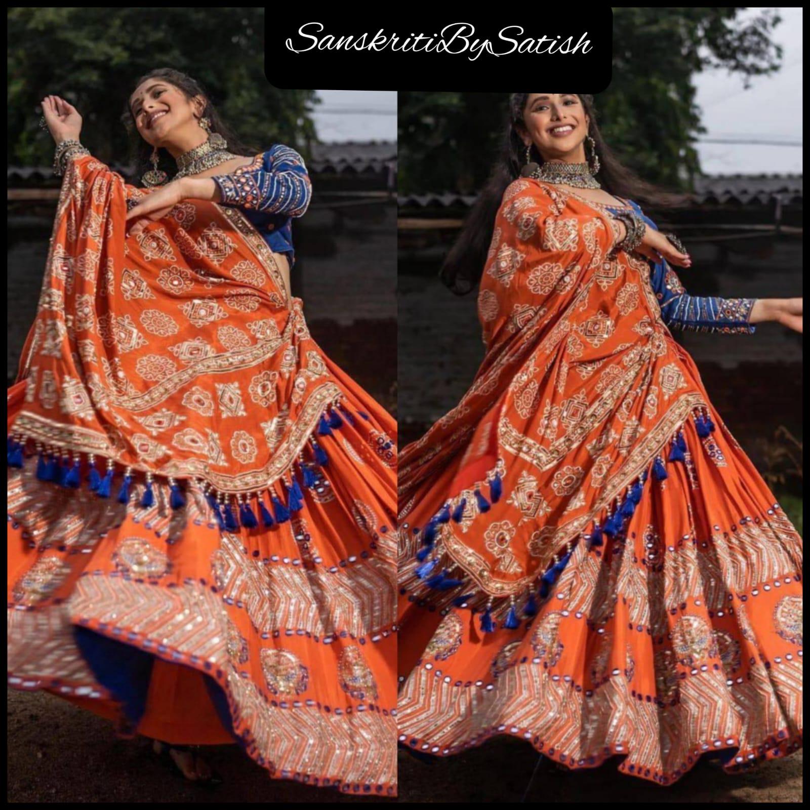 knee length dresses for ladies Trendy Multicolor Royal Blue Mirror Work Viscose Cotton Navratri Dandiya  Lehenga Choli main image 1