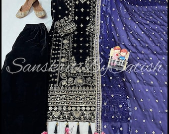 Bollywood Style Black Velvet Kurta Palazzo Suit With Designer Dupatta Suit Readymade 3p Velvet kurta  Eid Special Salwar Kameez For Women