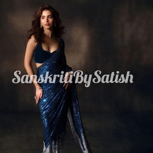 Navy Blue Georgette Saree, Sequins Ombre Drape, Designer Blouse, Party Wear, Wedding Guest Outfit, Elegant Evening Saree