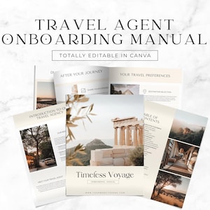 Puede incluir: Varios manuales abiertos con el texto "TRAVEL AGENT ONBOARDING MANUAL" y "TOTALLY EDITABLE IN CANVA". Los manuales muestran imágenes de destinos de viaje y el texto "Timeless Voyage".