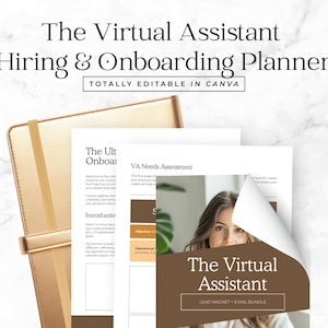 May include: A gold-colored notebook with a matching elastic band, next to a stack of white papers. The papers have text that reads "The Virtual Assistant Hiring & Onboarding Planner" and "Totally Editable in Canva."