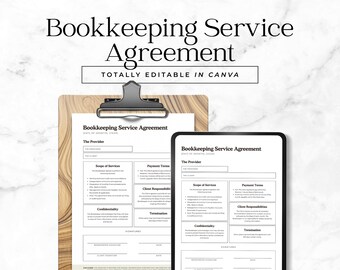Editable Bookkeeping Service Agreement Bookkeeper Contract Agreement Canva Template for Freelance Virtual Accountant Printable Form FT19