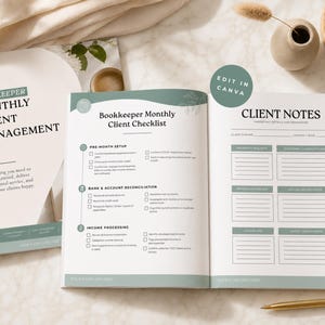 Könnte beinhalten: Ein monatliches Kundenmanagement-Kit für Buchhalter mit einer Checkliste und Seiten für Kundennotizen. Das gedruckte Dokument enthält Abschnitte für die Einrichtung, Bankabstimmung, Einkommensverarbeitung und Kundendetails mit grünen Akzenten.