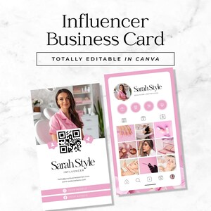 May include: A business card and a phone screen mockup with a pink and white design. The business card features a photo of a woman, a QR code, and the text "Sarah Style Influencer". The phone screen displays a social media profile.