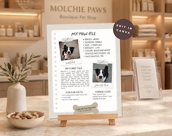 Editable Pet Profile Template Dog Adoption Flyer Animal Adoption Profile Pet Resume Dog Information Sheet Puppy Profile Canva PB1