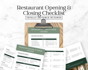 Restaurant Opening and Closing Checklist Procedure Catering Business To-Do List BOH and FOH Cleaning Sheet Editable Canva Template CL5