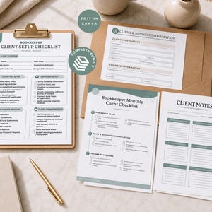 May include: A bookkeeper client setup checklist, monthly client checklist, and client notes document set. The forms feature sage green accents, organised sections for business information, and checkboxes for accounting tasks on white paper.