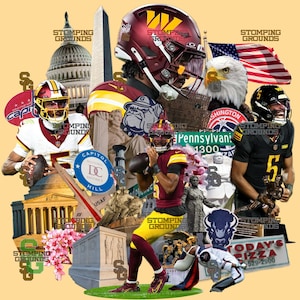 May include: A collage featuring American football players in burgundy and gold uniforms and helmets, with the American flag. The image incorporates Washington D.C. landmarks, the text "Stomping Grounds," and a pizza shop sign.