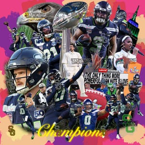 May include: A collage featuring football players in navy blue and green uniforms, with the text "Champions" in yellow. The image includes a football, a trophy, and the text "The only thing more powerful than hate is love."