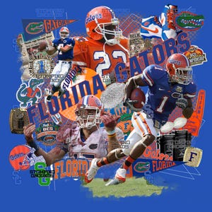 May include: A collage featuring Florida Gators football imagery on a blue background, including players in orange and blue uniforms, championship rings, team logos, sneakers, and the text Stomping Grounds and Florida Gators throughout the design.